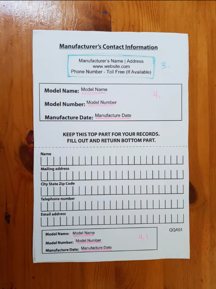 Product registration card with two sections highlighted - manufacturer information and the model name, number, and manufacture date.