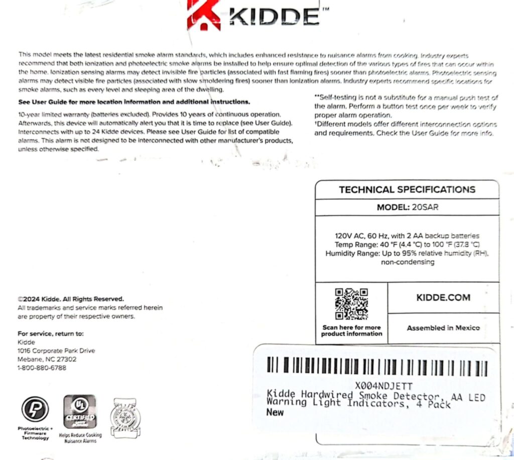 The relevant text written on this photograph of the Kidde smoke detector box is replicated in the article "what a furnace fire taught me about baby product safety. "